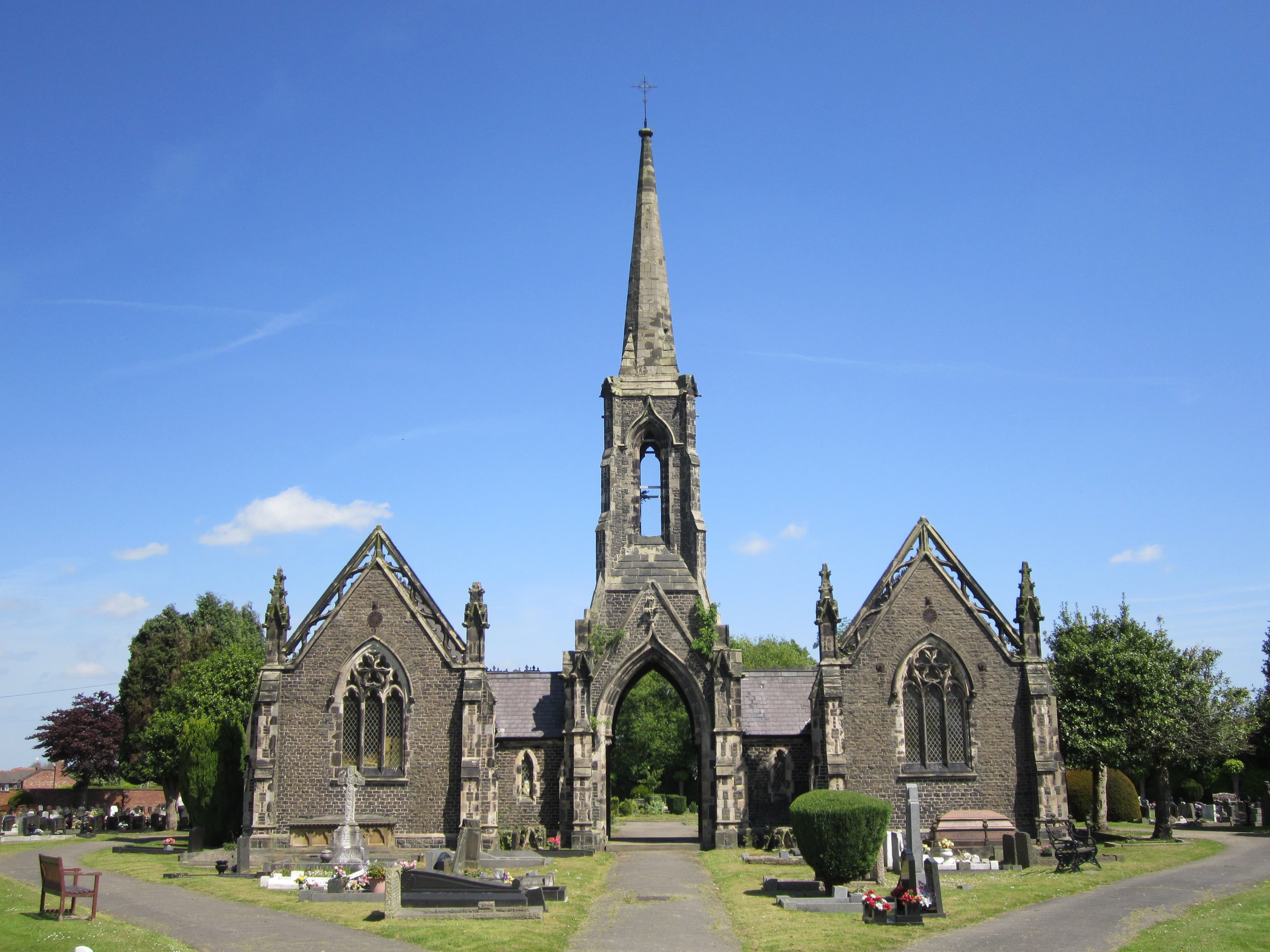 Mortuary chapels, archway and spire in Middlewich Cemetery